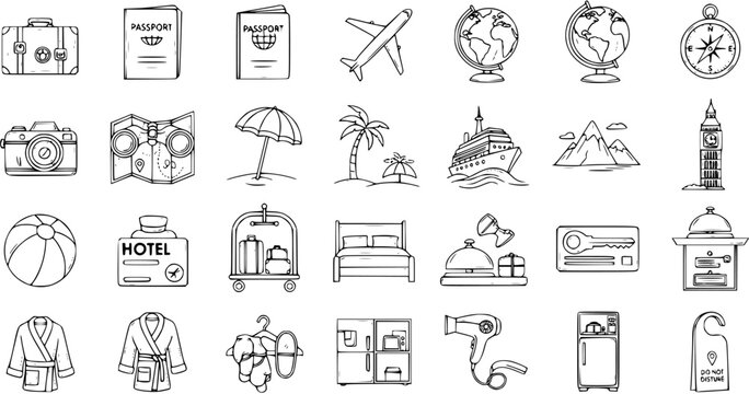 Travel and Hospitality Hand-Drawn Doodle Line Art Icons Set - Vacation, Tourism, and Hotel Service Sketch Elements