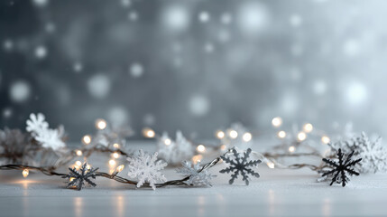 Soft snowflake string lights glowing on a snowy surface with a dreamy blue and grey bokeh winter background