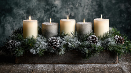 Frosted pine centerpiece with glowing pillar candles and snow-dusted pinecones on rustic wooden surface