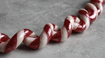 Closeup of a twisted red and white candy cane garland with a glossy textured finish