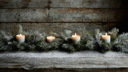Snow-dusted pine garland with glowing candles arranged on rustic wooden surface