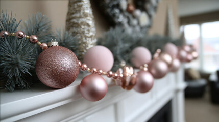 Pink and rose gold ornaments strung across a pine garland on a mantel creating a warm and elegant holiday interior scene