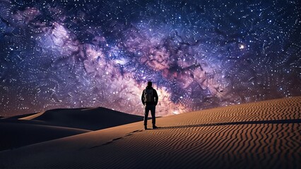 Silhouette of a lone figure standing on sand dunes under a starry sky filled with vibrant galaxies and cosmic wonders, evoking a sense of exploration and infinite possibilities