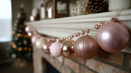 Elegant rose gold ornament garland draped along a cozy mantel with soft bokeh Christmas lights in the background