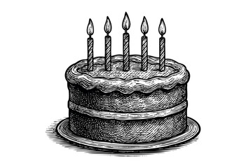 Detailed engraving of a two-layer birthday cake with five candles on a plate — stock vector.