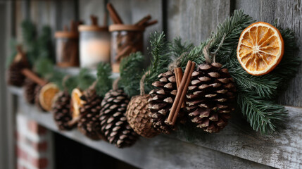 Festive natural garland with pinecones, cinnamon sticks and dried citrus hanging on evergreen branches along a rustic wooden mantel