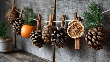 Rustic garland with pinecones, cinnamon sticks, dried orange slices and evergreen branches hanging on weathered wooden boards