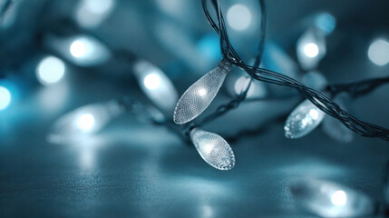 Soft glowing icicle string lights in cool blue tones creating a dreamy winter atmosphere