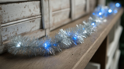 Silver tinsel garland with glowing blue lights on a rustic wooden shelf
