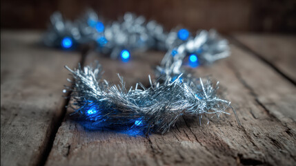 Silver tinsel garland with blue LED lights resting on a rustic wooden surface in soft festive lighting