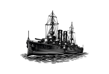 Obraz premium Black and white vintage illustration of an old battleship sailing on the water — stock vector.