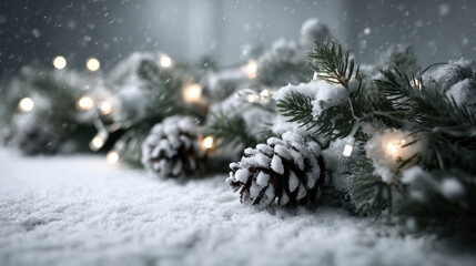 Snow-covered pine garland with glowing lights and frosted pine cones creating a cozy winter atmosphere