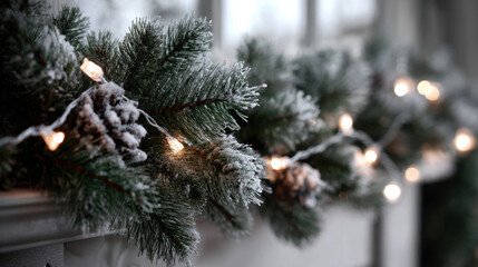 Frosted pine garland with glowing string lights and snowy pinecones creating a cozy winter decor scene