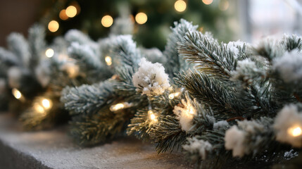 Snow-covered pine garland glowing with warm lights in a soft festive winter atmosphere