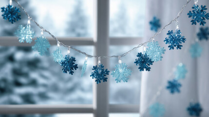 Blue snowflake garland hanging by a winter window with frosty background and soft glowing lights
