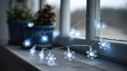 Snowflake LED garland decorating a windowsill with soft winter light and cozy ambience