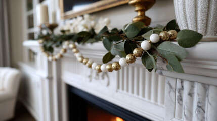 Gold and white bead garland combined with lush greenery decorating an elegant marble fireplace mantel