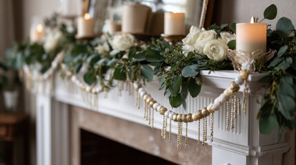 Elegant white and gold bead garland draped over a decorated mantel with candles and fresh greenery