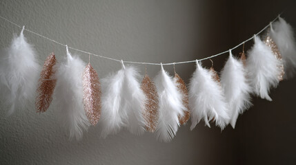 White and glittery rose gold feather garland hanging on a string in soft light