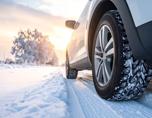 White vehicle with winter tires driving on a snow-covered road at sunset