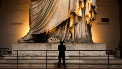 Solitary visitor contemplating massive ancient Roman statue in prestigious art museum gallery with dramatic golden lighting