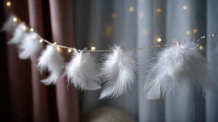 Soft white feather garland with warm fairy lights hanging against blurred curtains