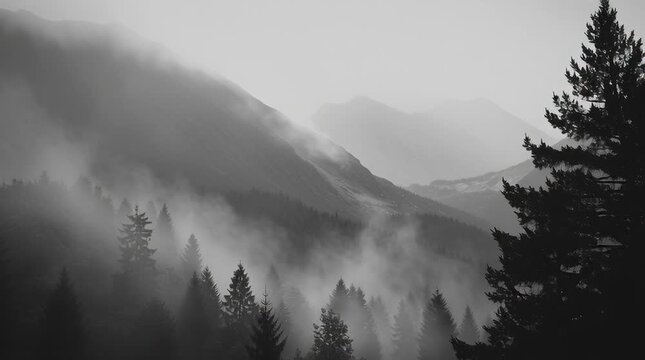 Ethereal monochrome landscape with misty mountains and dense forest silhouette
