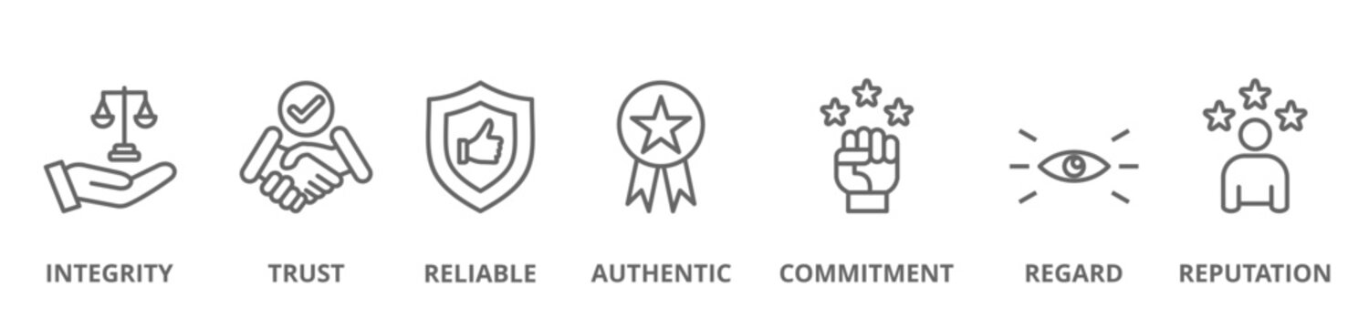 Credibility icon set vector illustration concept relate to integrity, trust, reliable, authentic, commitment, regard, and reputation
