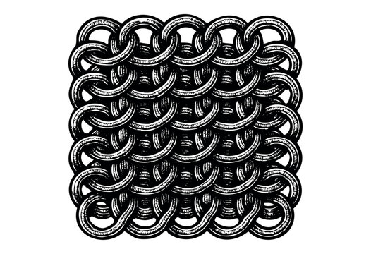 Hand-drawn illustration of interlocking rings of chainmail in black and white creates a durable and flexible armor texture &mdash; stock illustration.