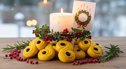 Delicious golden buns, a warm flickering candle, and bright crimson berries mark the Saint Lucy feast. Nordic winter customs bring joy and spiritual light.