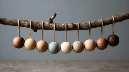 Minimalist wooden bead ornaments in natural tones hanging from a rustic branch in a Scandinavian style display