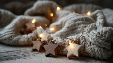 Soft glowing wooden star string lights resting on knitted fabric creating a warm cozy winter mood