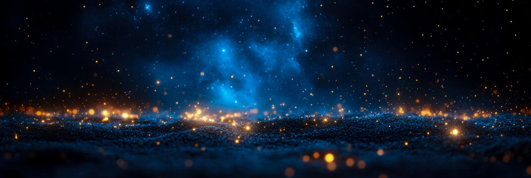 Enchanting cosmic nightscape with shimmering golden particles on mysterious dark surface, illuminated by vivid blue nebula and countless sparkling stars.