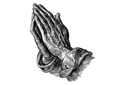 Engraved praying hands depicted in a vintage illustrative style &mdash; stock illustration.