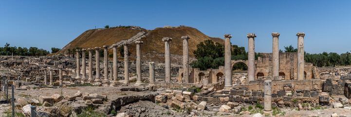 Panoramic overview of Sylvanus street at  Beit She'an ancient ruins in Israel.
