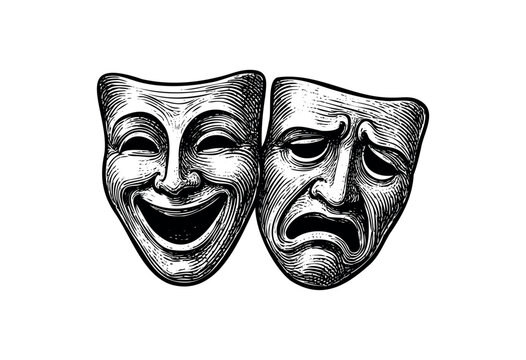 Engraved theatrical masks representing comedy and tragedy, rendered in a vintage style &mdash; stock illustration.