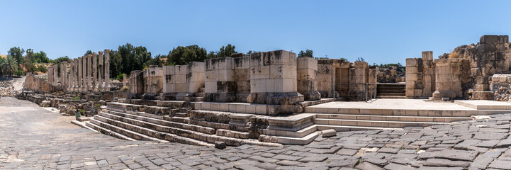 Panoramic overview of the ruins at Beit Shean National Park in Bet Shean in Israel.

