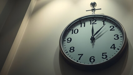 A close-up of a classic wall clock shows midnight. Soft indoor lighting creates subtle shadows. suitable for indicating midnight, new year.  suggesting focus, routine, and time in daily life.