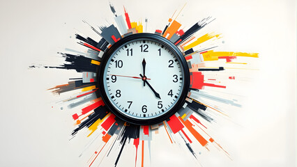 A round wall clock sits at the center of a vibrant splash of colors. The explosive design suggests energy, creativity, and the passage of time in a bold, contemporary setting.