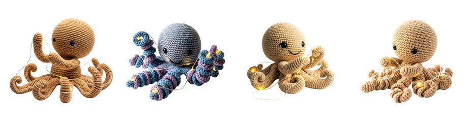 Four Crocheted Octopuses With String