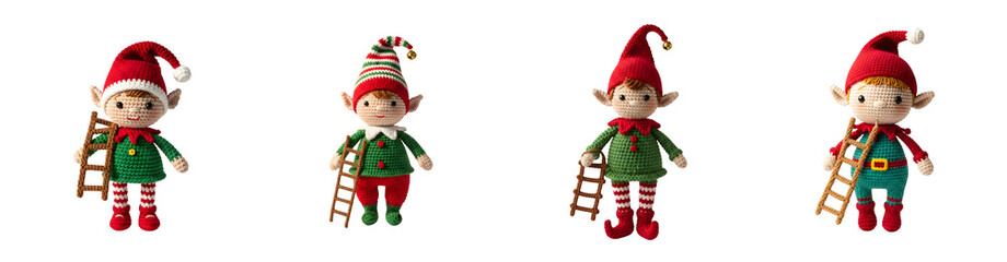 Fototapeta premium Four crochet elves wearing festive hats green tunics and striped stockings each holding a wooden ladder isolate