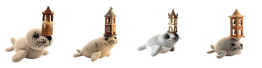Fototapeta premium Four crocheted seal toys wearing miniature bell tower hats isolated on black transparent background