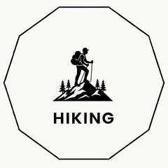 Adventurous hiker on mountain trek, simple hiking sport logo icon