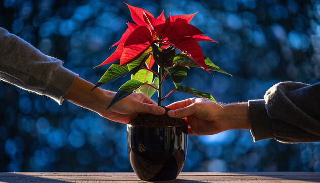 Protective hands encircling vibrant red poinsettia plant symbolizing care and environmental stewardship during winter season