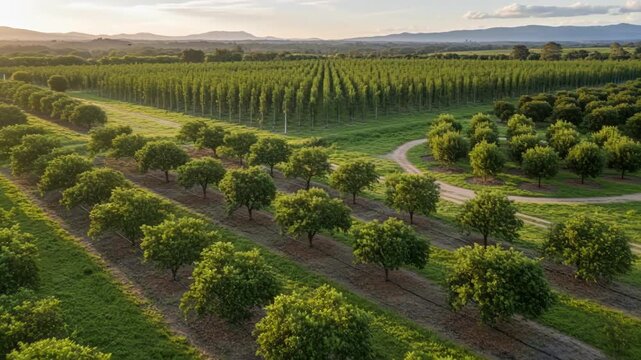 Medium shot focusing on diverse tree spacing layouts designed to balance air circulation and maximize harvest yield in a sustainable plantation.