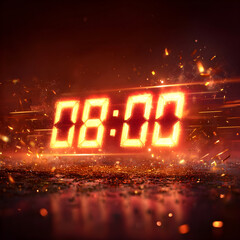 Glowing digital clock displaying 08:00 with sparks and embers