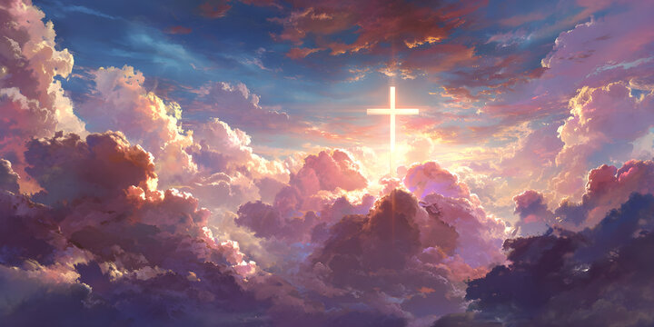 Glorious cross shining brightly in heavenly clouds at sunrise