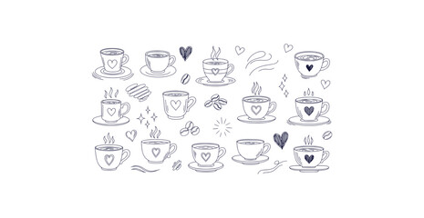 Charming hand drawn coffee cup doodles with heart accents perfect for cafe branding and romantic themes