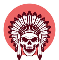 tribal skull illustration with feather headdress for native warrior themed artwork and tattoos