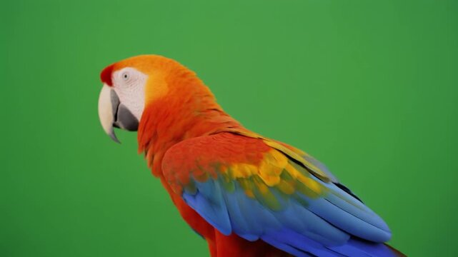 Realistic studio Parrot greenscreen vibrant tropical bird isolated wildlife animal feather detail natural exotic look for video editing motion graphics advertising education content